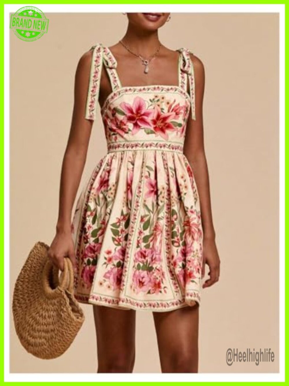Sleeveless Tie Shoulder Floral Mini Dress Square Neck Ruffle Hem - Picture 2 of 6